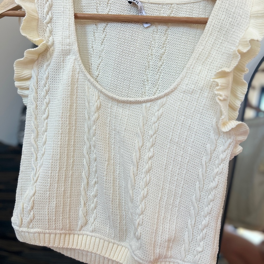 Zara Cream Cable Knit Ruffle Sleeve Tank